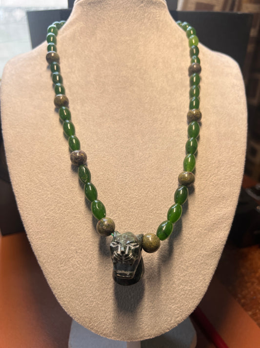 Serpentine Jaguar Pendant, Nephrite Jade Beads Aztec Necklace, Mayan, Mex (#17)
