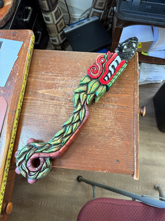 Quetzalcoatl Kukulkan Dagger, Deep Wood Carved, Painted, Azteca Obsidian Knife, Mexica Sacrificial Knives, Mayan Replica Artifacts