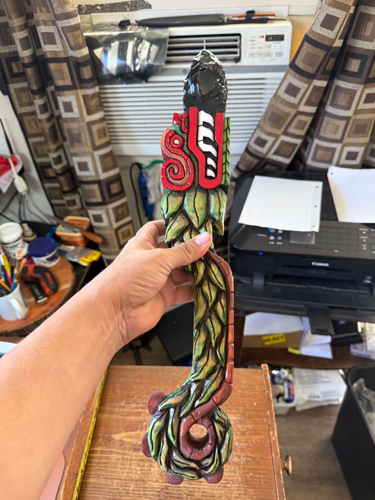 Quetzalcoatl Kukulkan Dagger, Deep Wood Carved, Painted, Azteca Obsidian Knife, Mexica Sacrificial Knives, Mayan Replica Artifacts