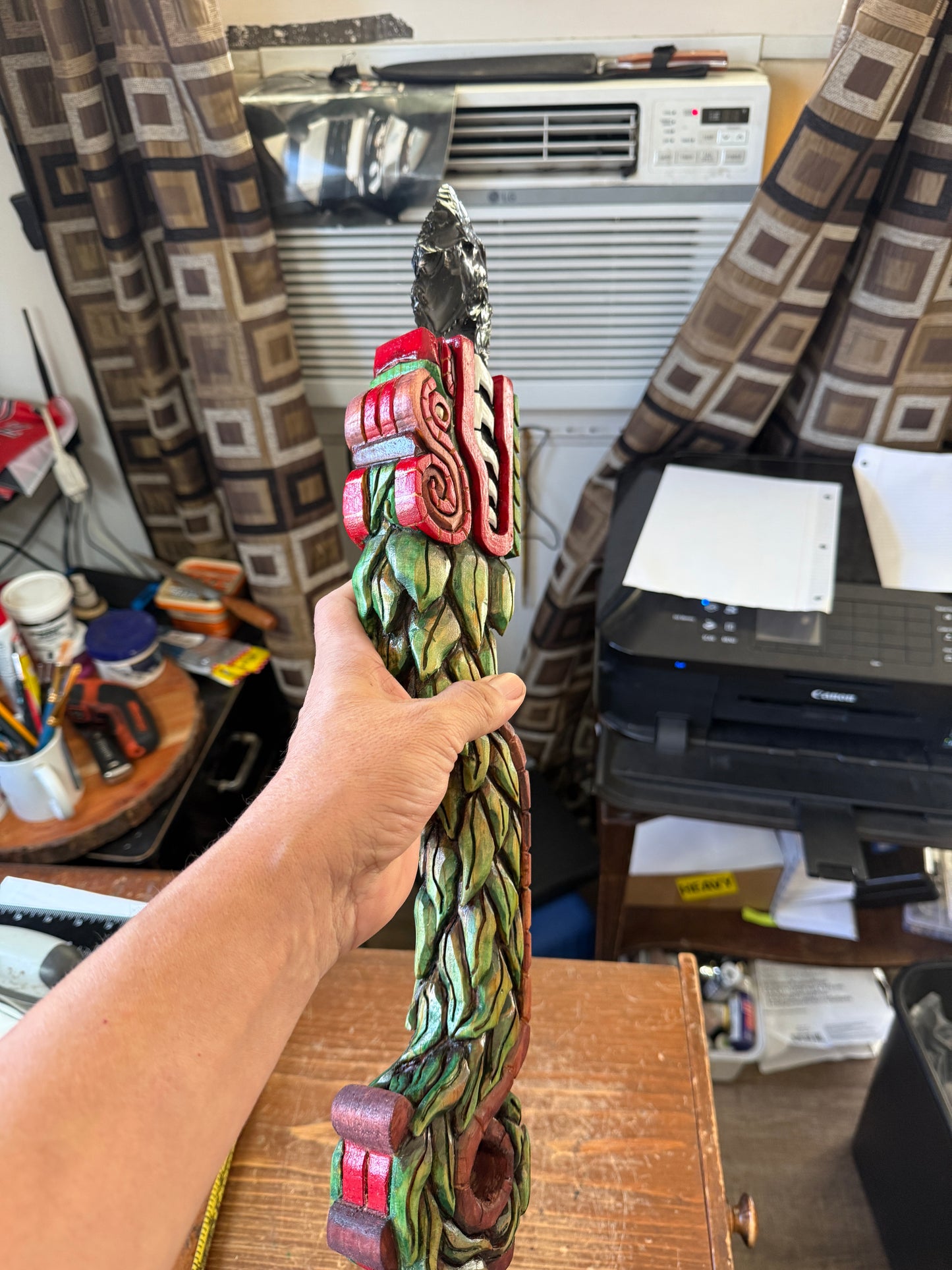 Quetzalcoatl Kukulkan Dagger, Deep Wood Carved, Painted, Azteca Obsidian Knife, Mexica Sacrificial Knives, Mayan Replica Artifacts