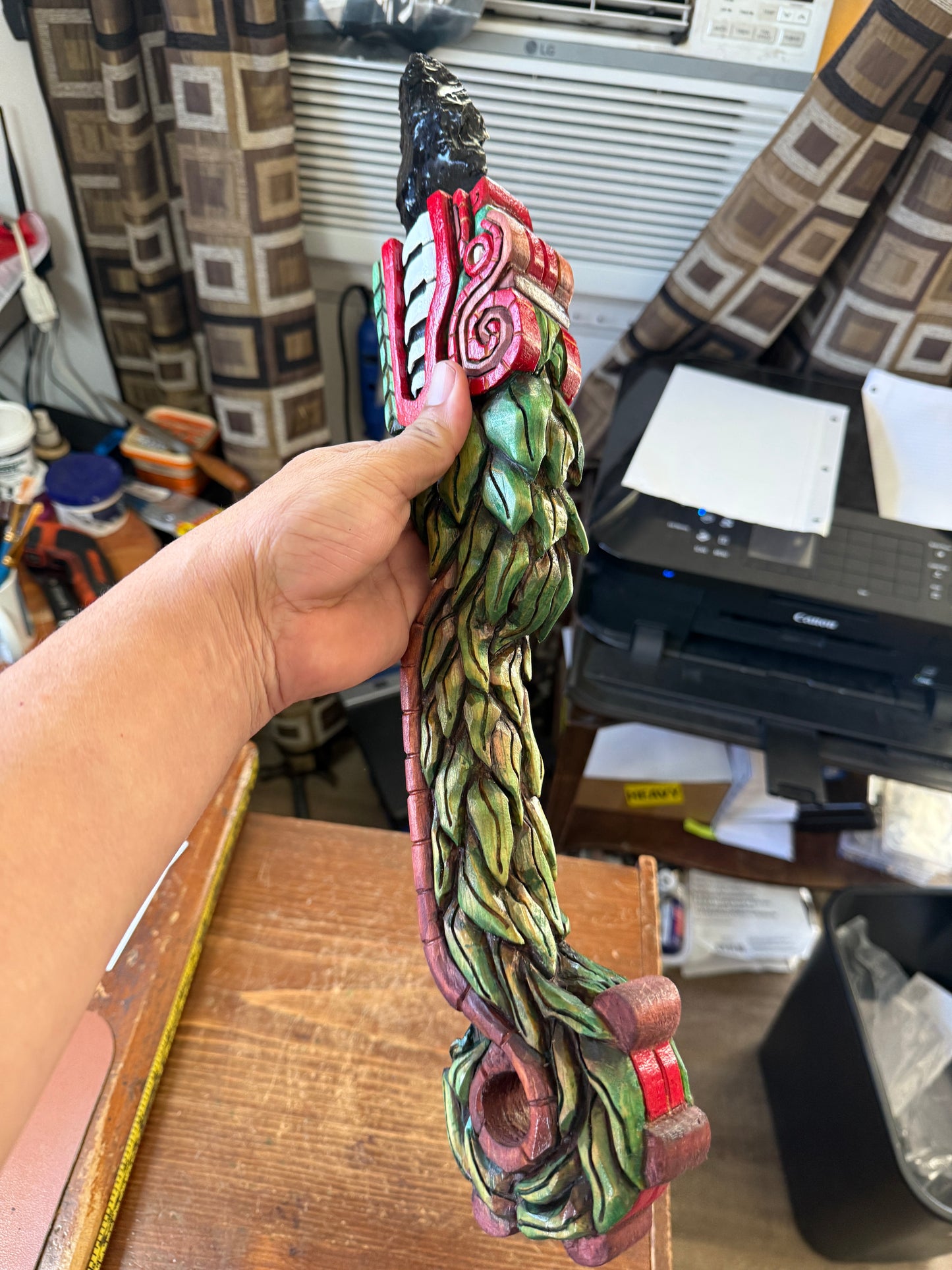 Quetzalcoatl Kukulkan Dagger, Deep Wood Carved, Painted, Azteca Obsidian Knife, Mexica Sacrificial Knives, Mayan Replica Artifacts