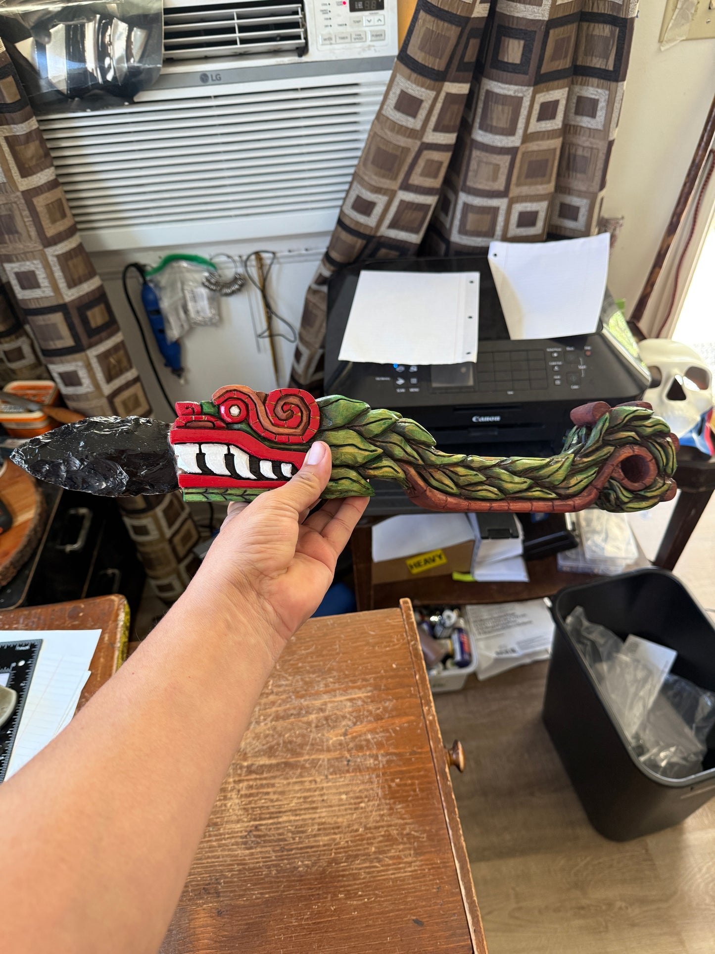 Quetzalcoatl Kukulkan Dagger, Deep Wood Carved, Painted, Azteca Obsidian Knife, Mexica Sacrificial Knives, Mayan Replica Artifacts