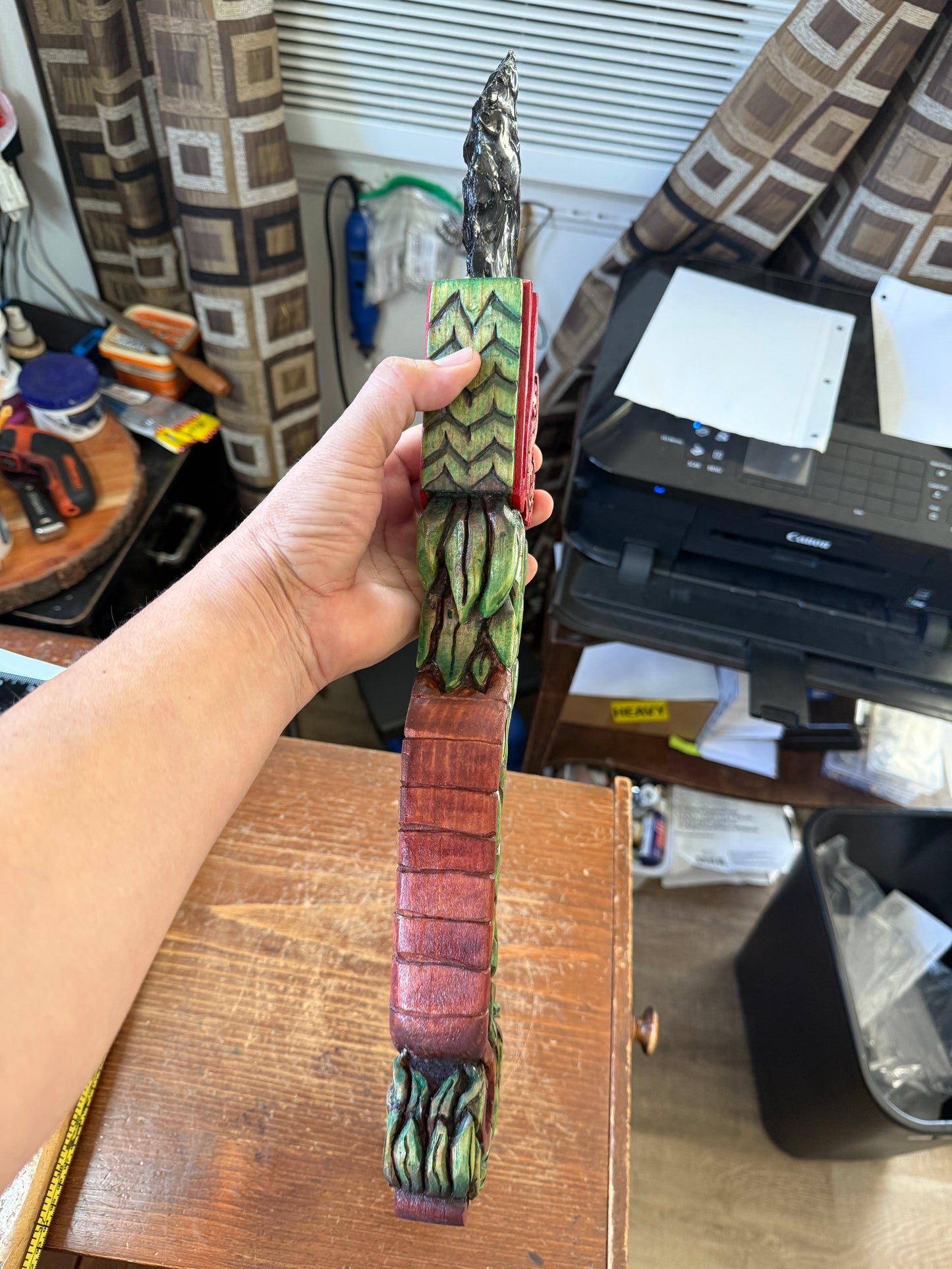 Quetzalcoatl Kukulkan Dagger, Deep Wood Carved, Painted, Azteca Obsidian Knife, Mexica Sacrificial Knives, Mayan Replica Artifacts