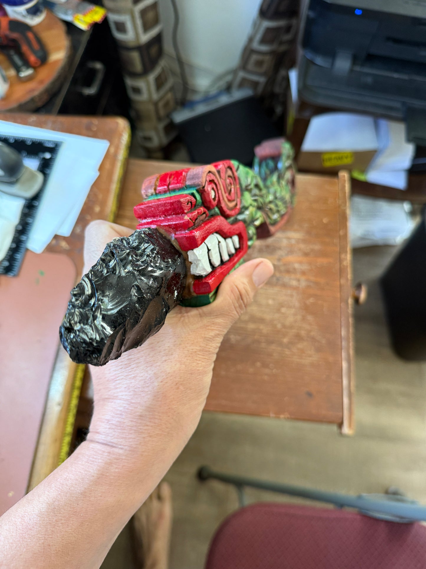 Quetzalcoatl Kukulkan Dagger, Deep Wood Carved, Painted, Azteca Obsidian Knife, Mexica Sacrificial Knives, Mayan Replica Artifacts