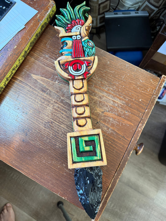 Huitzilopochtli Dagger, Hummingbird, Wood Carved, Painted, Azteca Obsidian Knife, Mexica Sacrificial Knives, Replica Artifacts