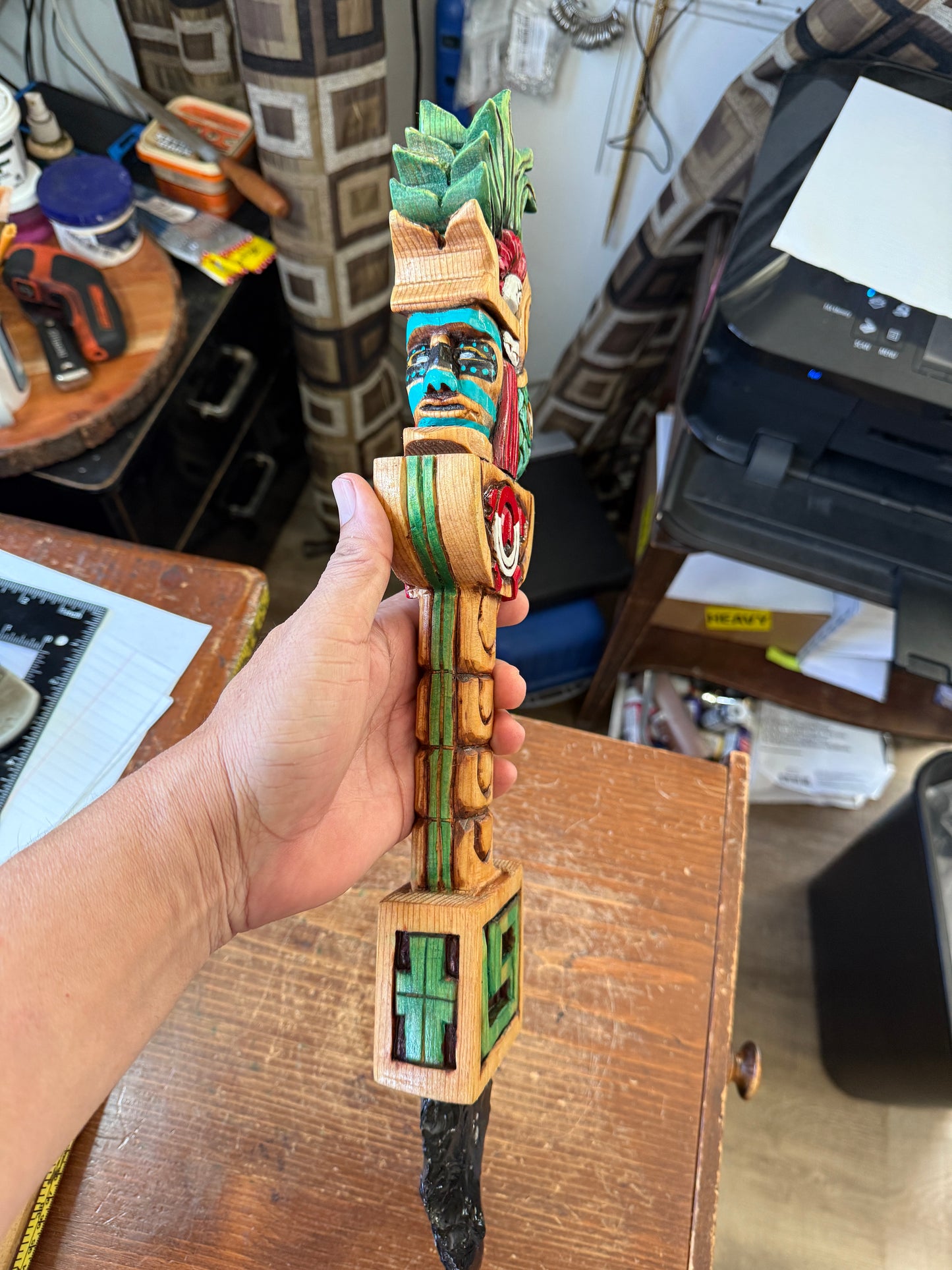 Huitzilopochtli Dagger, Hummingbird, Wood Carved, Painted, Azteca Obsidian Knife, Mexica Sacrificial Knives, Replica Artifacts