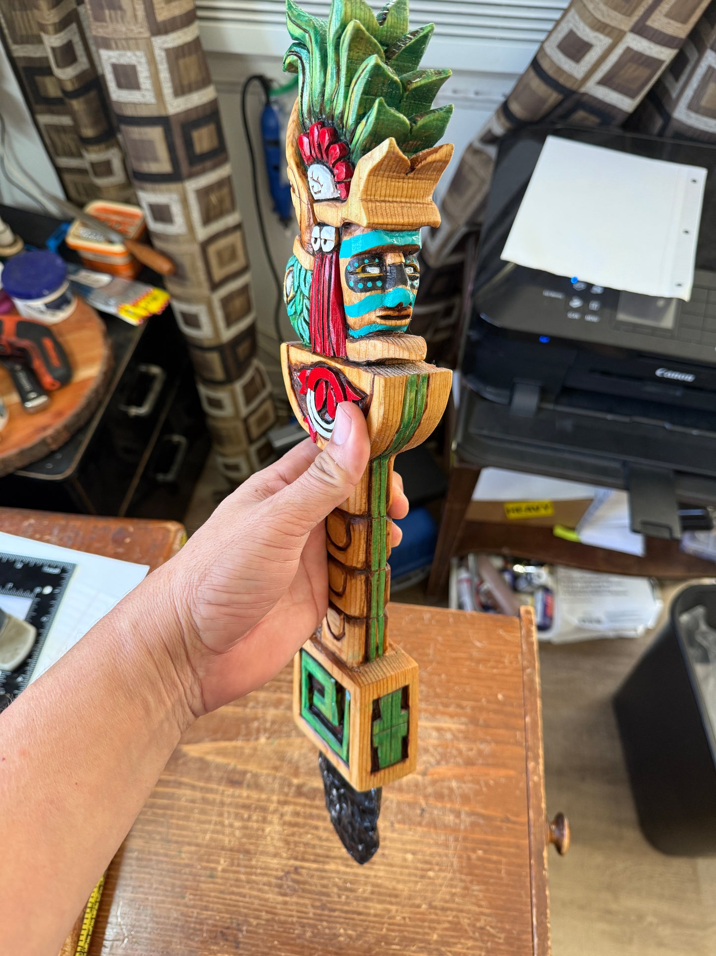 Huitzilopochtli Dagger, Hummingbird, Wood Carved, Painted, Azteca Obsidian Knife, Mexica Sacrificial Knives, Replica Artifacts
