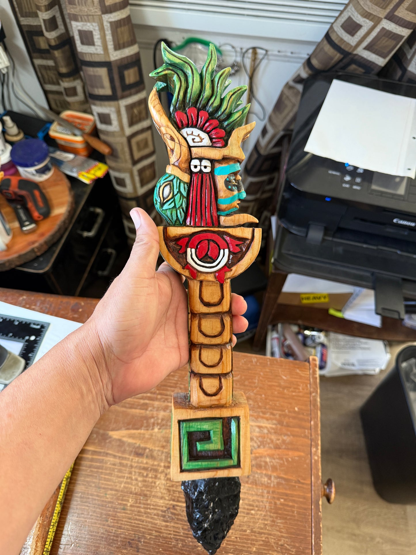 Huitzilopochtli Dagger, Hummingbird, Wood Carved, Painted, Azteca Obsidian Knife, Mexica Sacrificial Knives, Replica Artifacts
