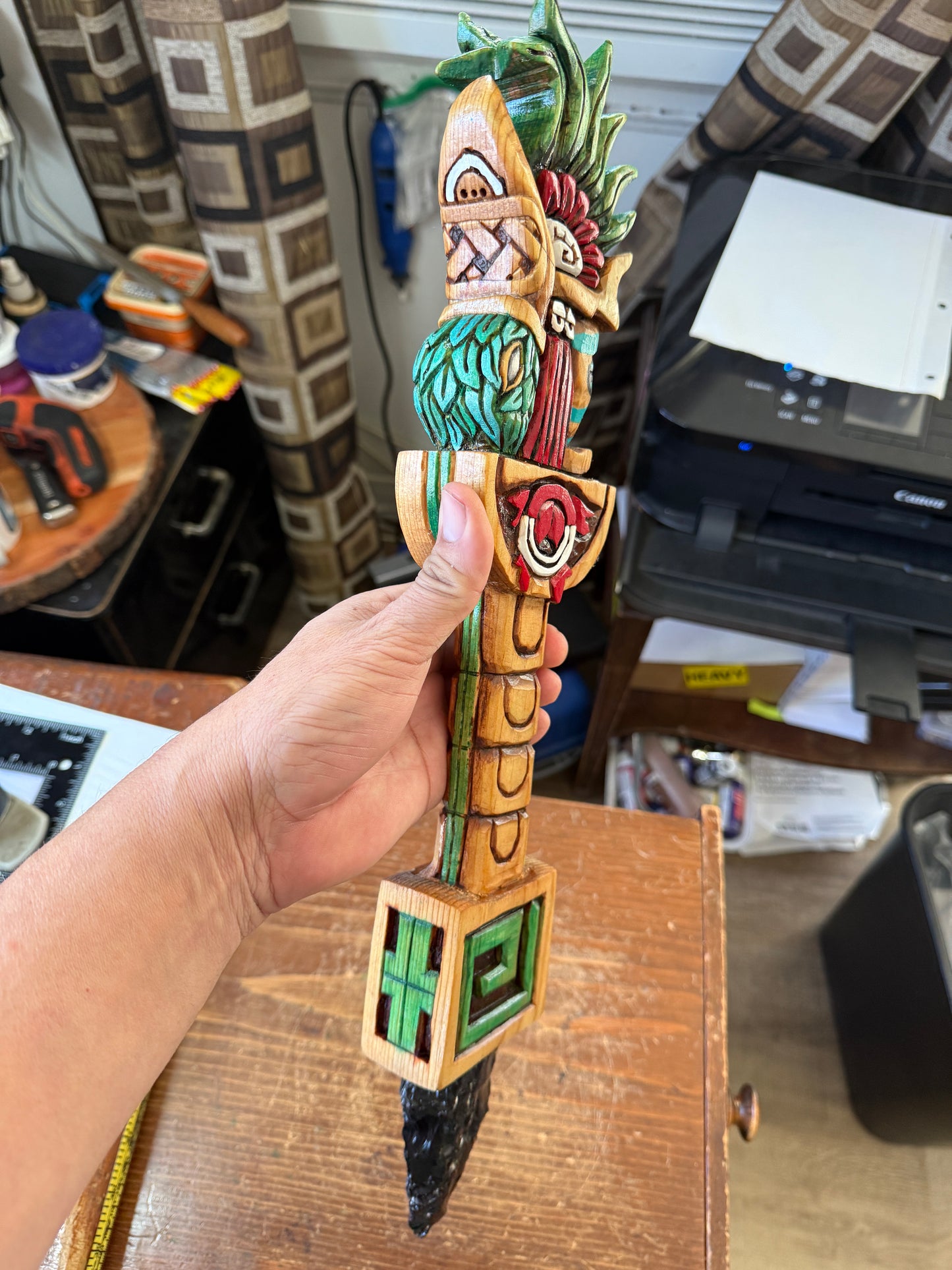 Huitzilopochtli Dagger, Hummingbird, Wood Carved, Painted, Azteca Obsidian Knife, Mexica Sacrificial Knives, Replica Artifacts