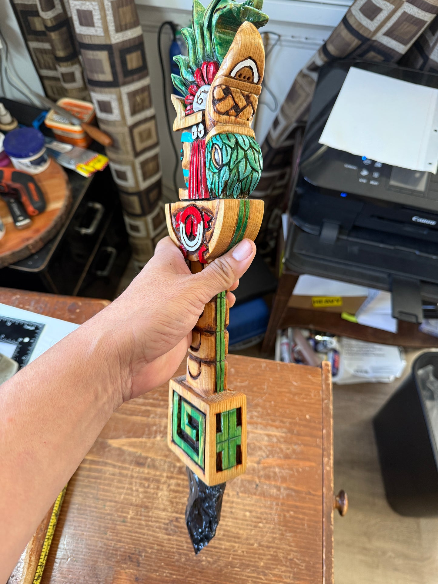 Huitzilopochtli Dagger, Hummingbird, Wood Carved, Painted, Azteca Obsidian Knife, Mexica Sacrificial Knives, Replica Artifacts