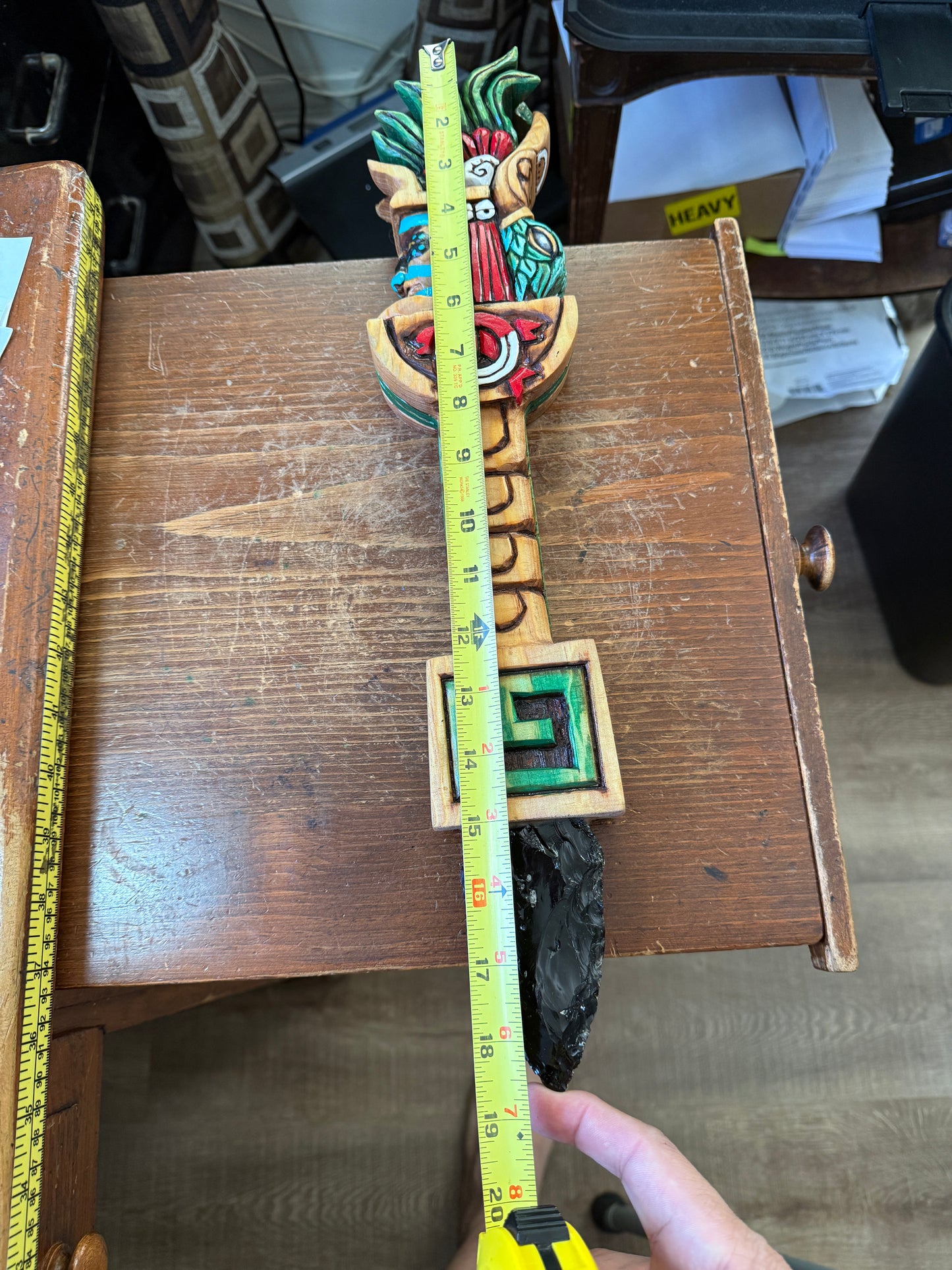 Huitzilopochtli Dagger, Hummingbird, Wood Carved, Painted, Azteca Obsidian Knife, Mexica Sacrificial Knives, Replica Artifacts