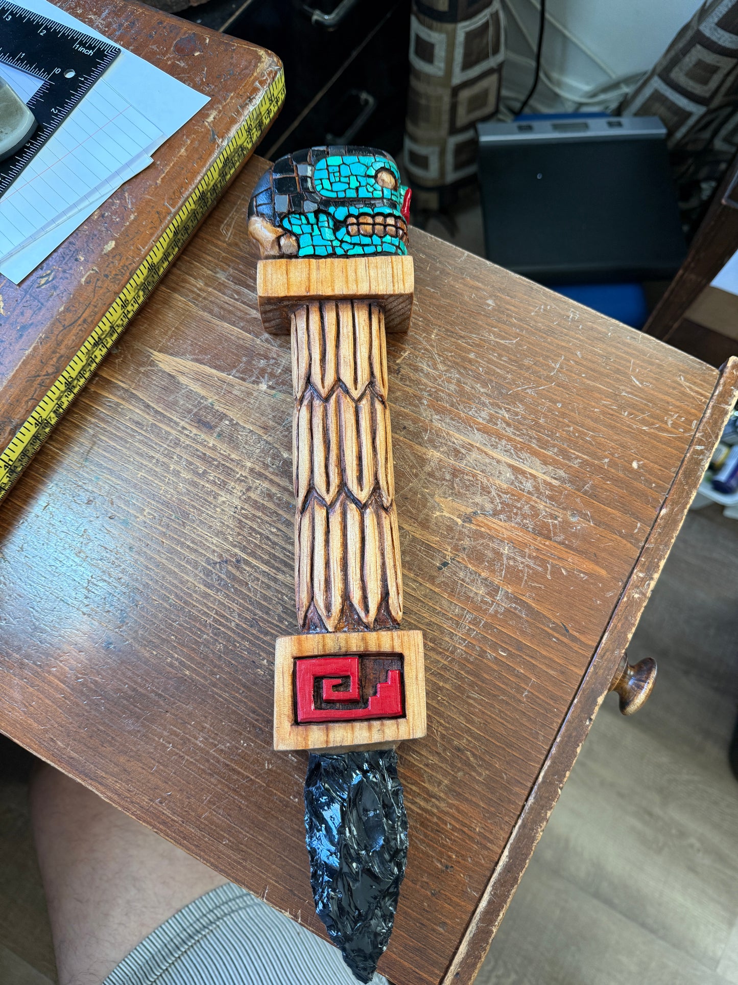 Tezcatlipoca Dagger, Wood Carved, Painted, Azteca Obsidian Knife, Mexica Sacrificial Knives, Replica Artifacts