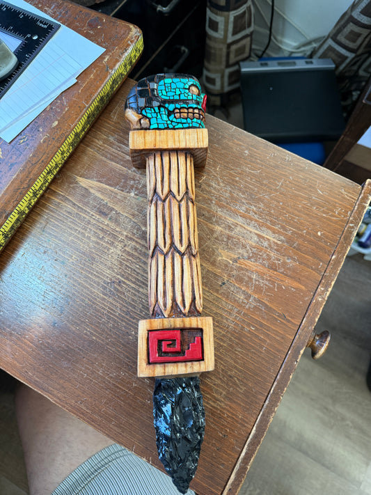 Tezcatlipoca Dagger, Wood Carved, Painted, Azteca Obsidian Knife, Mexica Sacrificial Knives, Replica Artifacts