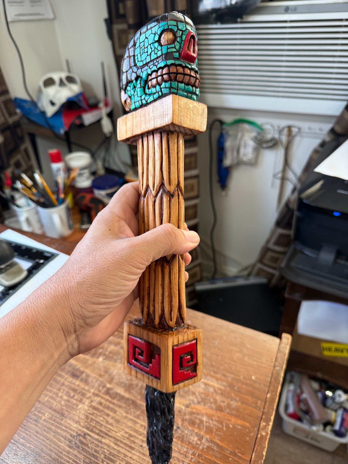 Tezcatlipoca Dagger, Wood Carved, Painted, Azteca Obsidian Knife, Mexica Sacrificial Knives, Replica Artifacts