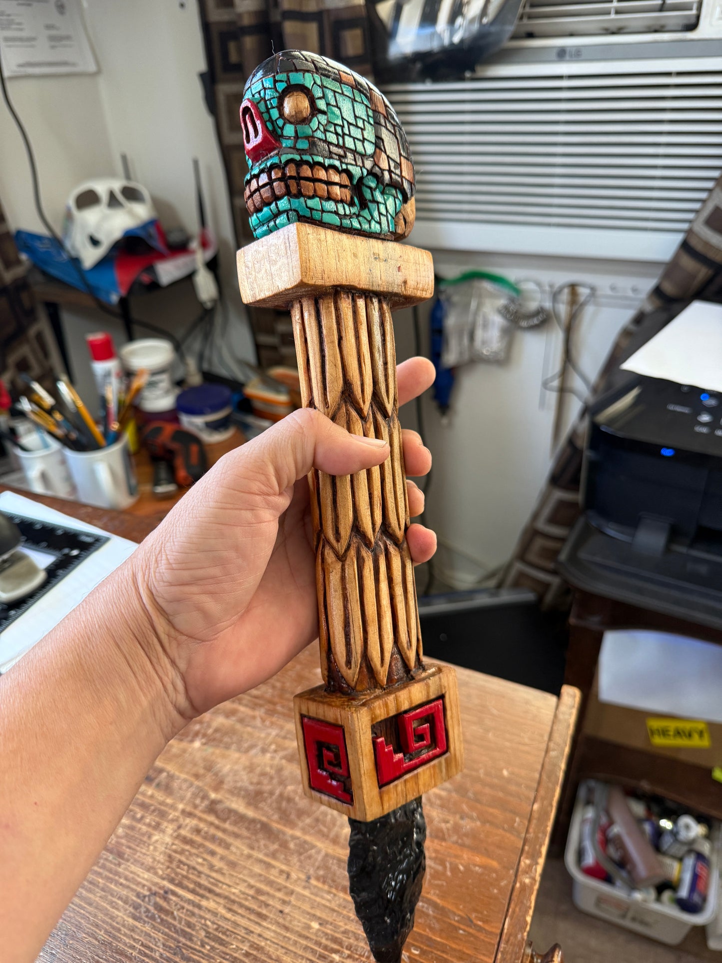 Tezcatlipoca Dagger, Wood Carved, Painted, Azteca Obsidian Knife, Mexica Sacrificial Knives, Replica Artifacts