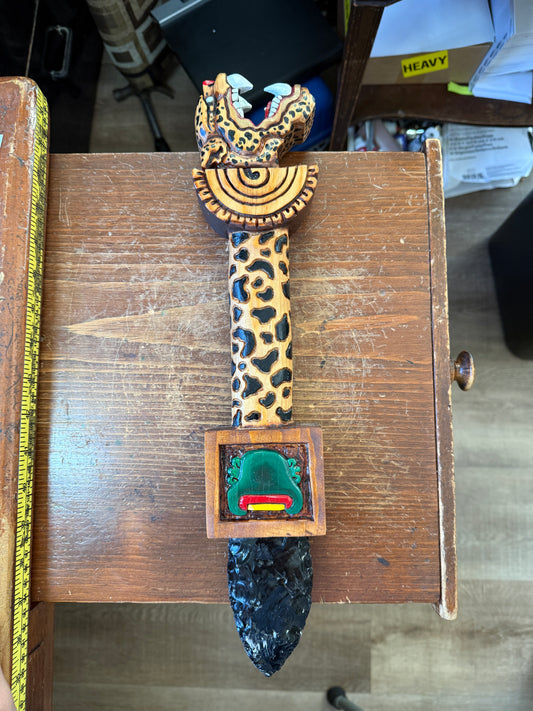 Jaggar Warrior Dagger, Hummingbird, Wood Carved, Painted, Azteca Obsidian Knife, Mexica Sacrificial Knives, Replica Artifacts
