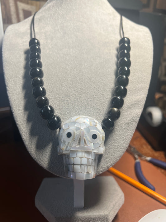 White Skull Pendant, Mictlantecuhtli, Mother of Pear Obsidian, Necklace (#17)