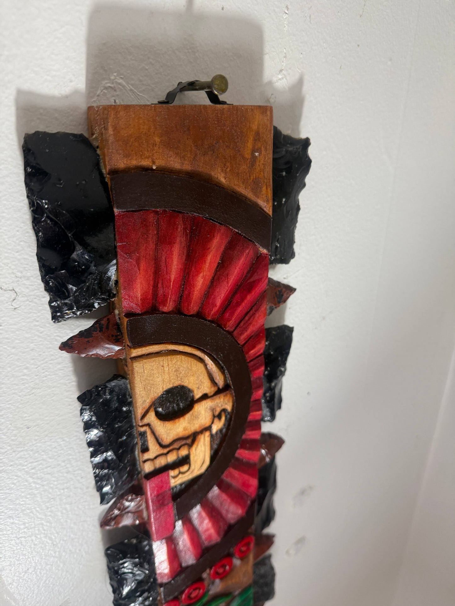 Aztec Macuahuitl, Mictlantecuitli, Skull, Piedra de Muerte, Stone of Death, Wood, Obsidian, Hand Carved, 28", Wall Art, Replica Ancient Mexica