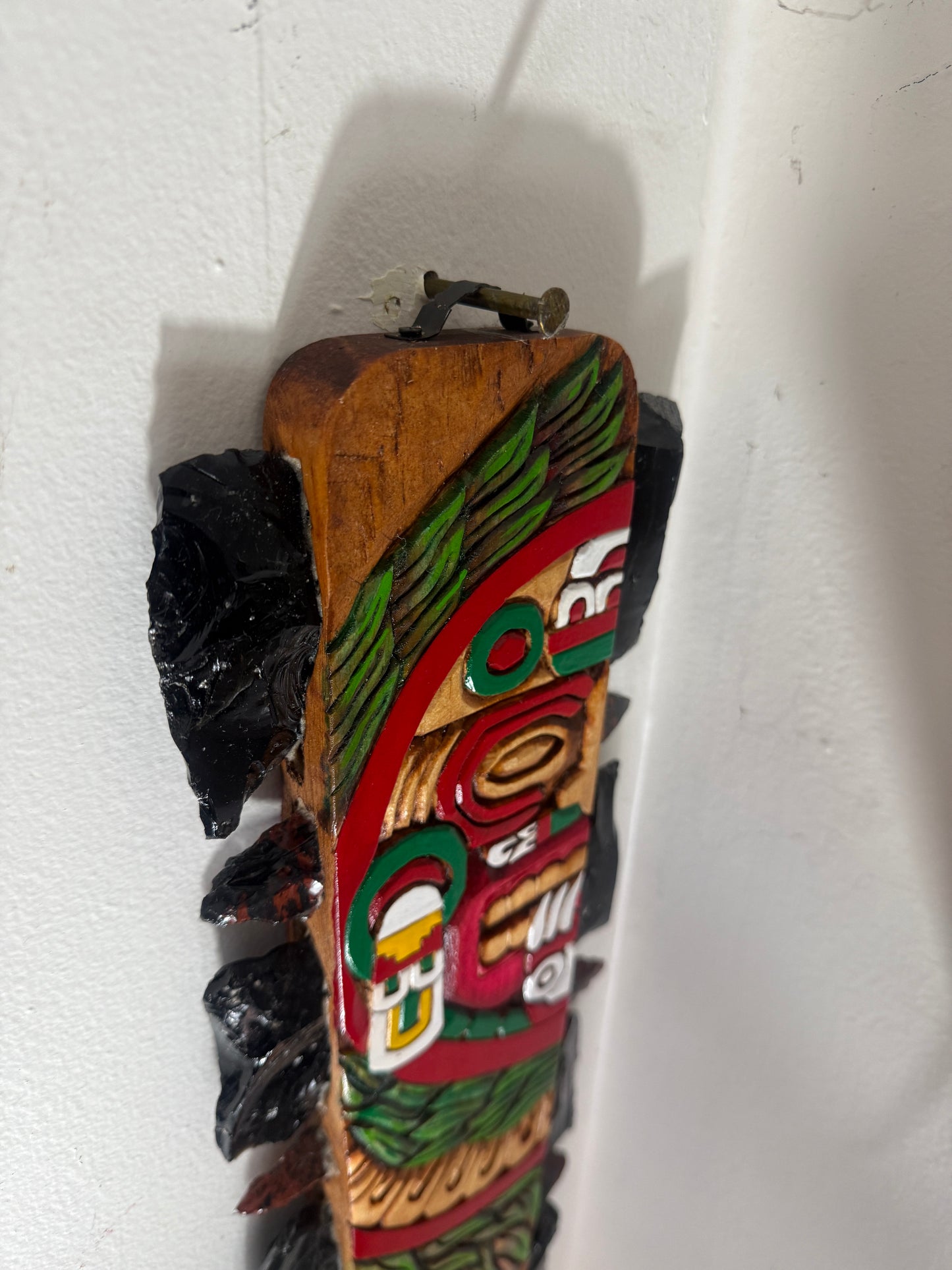 Macuahuitl Azteca Wall Art, feature Tonatiuh Aztec Sun God, Carved, Obsidian Blades, 28"