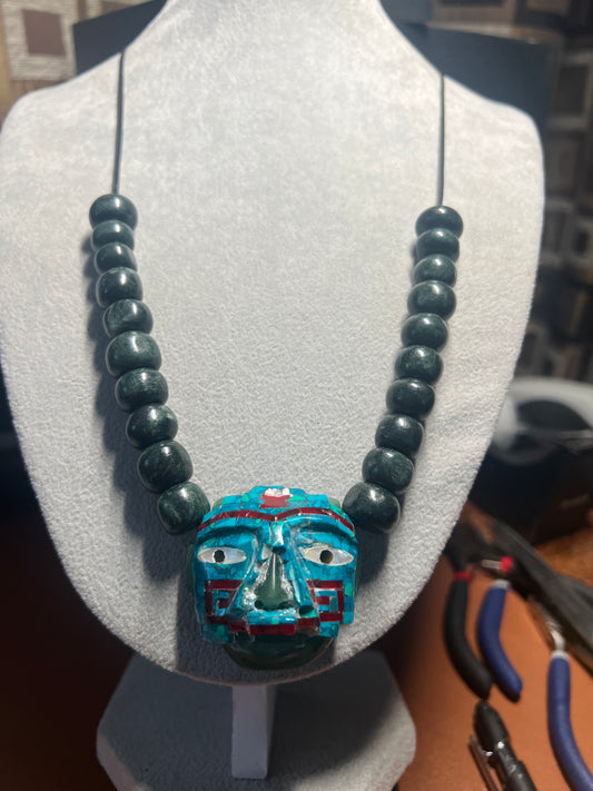 Tezcatlipoca Mosaic Pendant, Jadeit, Mormolina, Coral, Mother of Pearl Tile  #36