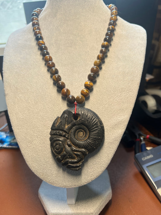 Tlaloc Aztec Rain God Carved  Ammonite Fossil Necklace Ancient Mexican Mexico (W