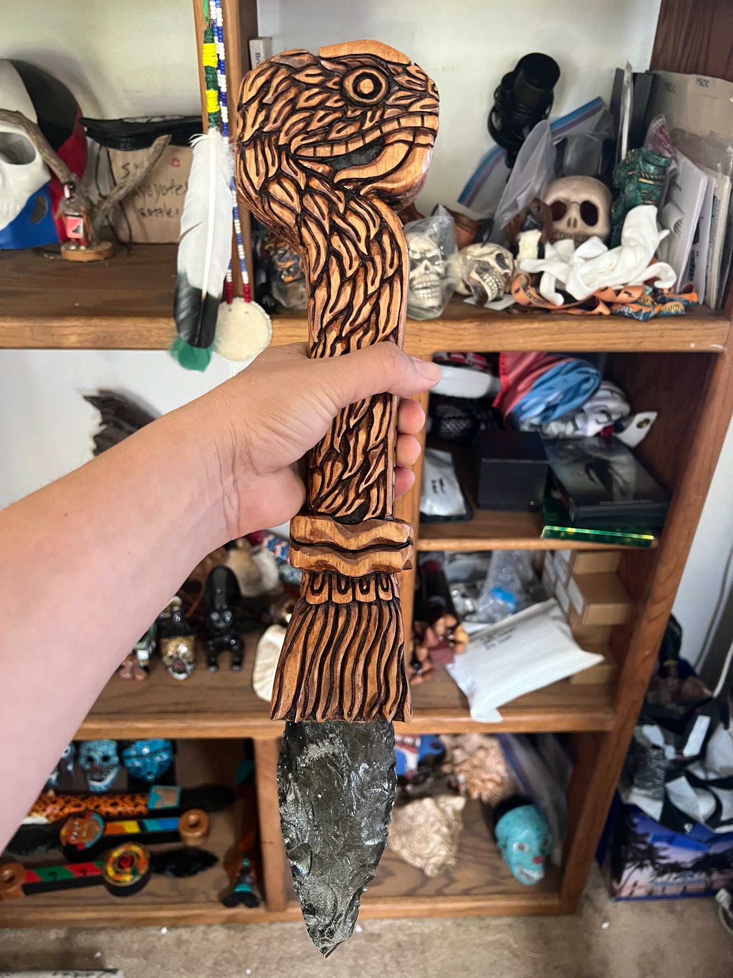 Coatl Dagger, Aztec Serpent, Deep Wood Carved, Obsidian Blade, Sacrificial Dagger, Mexica, Mexican, Mexico, replica, altar