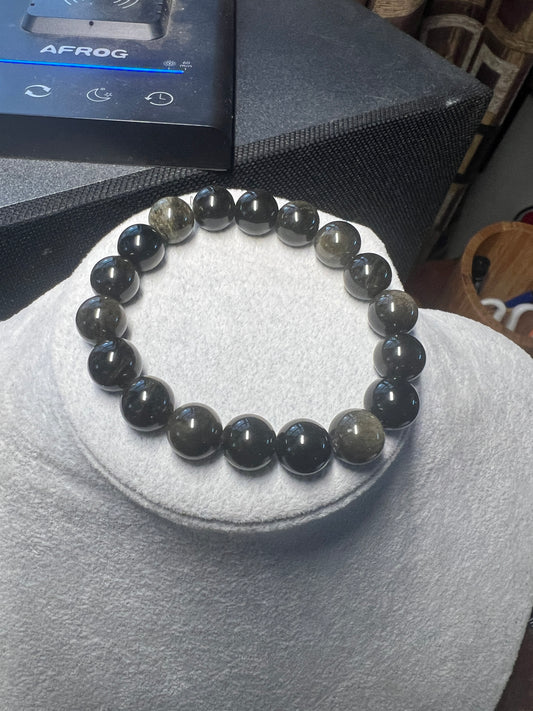 Black Gold Sheen Obsidian Bracelet Women Handmade Natural Stone Mexican Aztec 7" (#20)