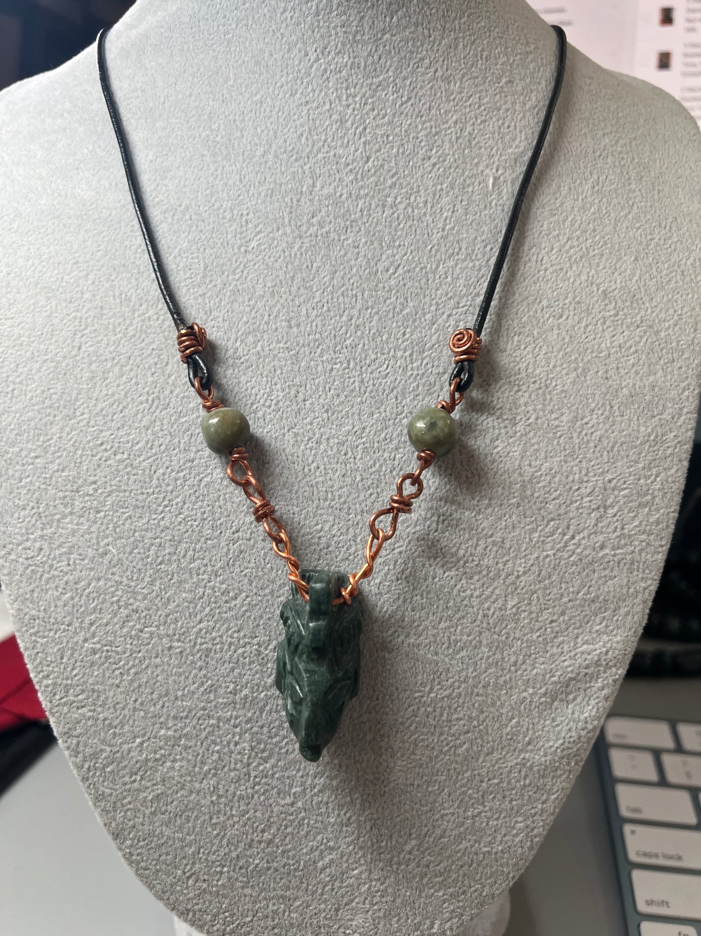 Jade Mayan Face Pendant, Jade Beads, Copper Bindings, Leather Necklace Cord, Mexico, Cancun, Yucatan, Tribal