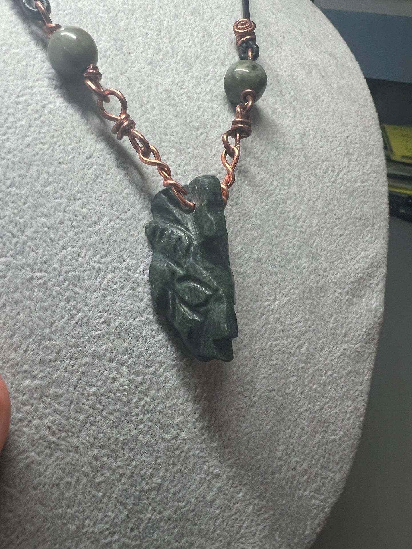 Jade Mayan Face Pendant, Jade Beads, Copper Bindings, Leather Necklace Cord, Mexico, Cancun, Yucatan, Tribal