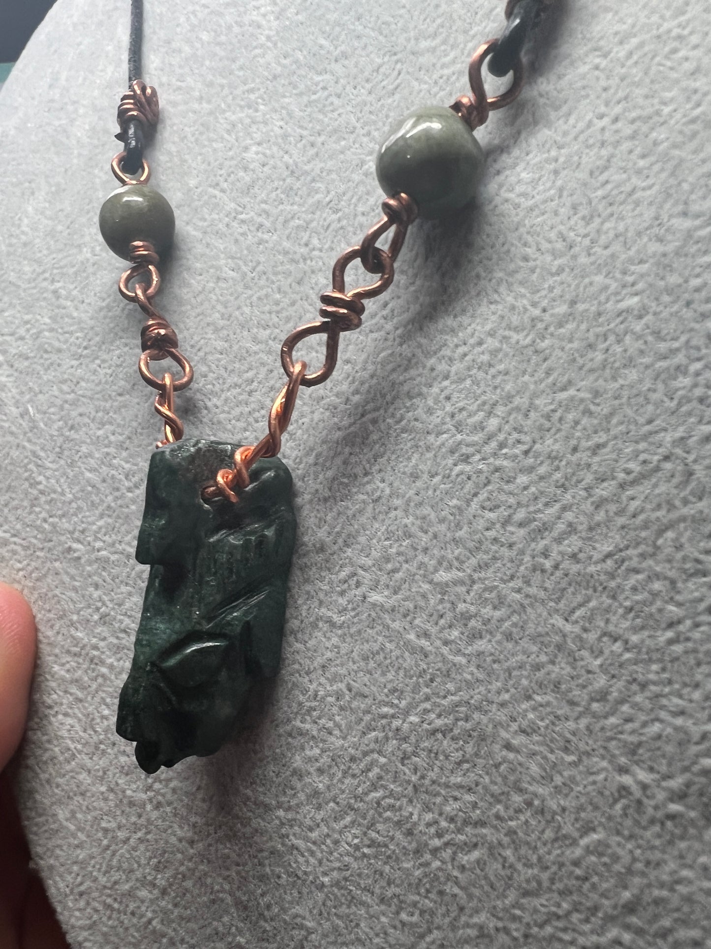 Jade Mayan Face Pendant, Jade Beads, Copper Bindings, Leather Necklace Cord, Mexico, Cancun, Yucatan, Tribal