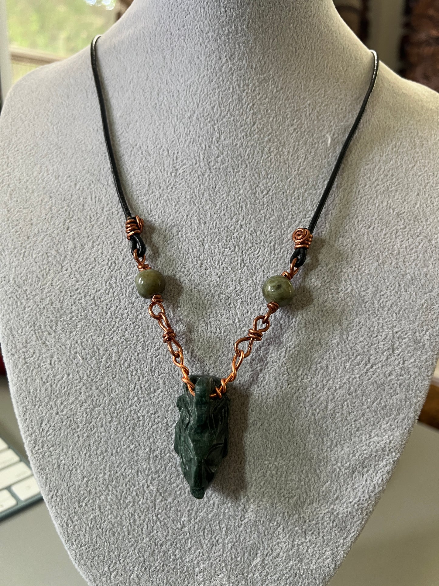 Jade Mayan Face Pendant, Jade Beads, Copper Bindings, Leather Necklace Cord, Mexico, Cancun, Yucatan, Tribal