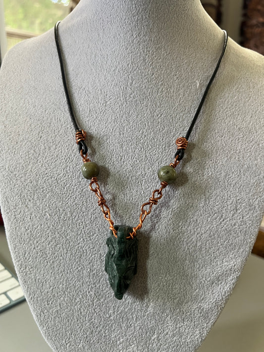 Jade Mayan Face Pendant, Jade Beads, Copper Bindings, Leather Necklace Cord, Mexico, Cancun, Yucatan, Tribal