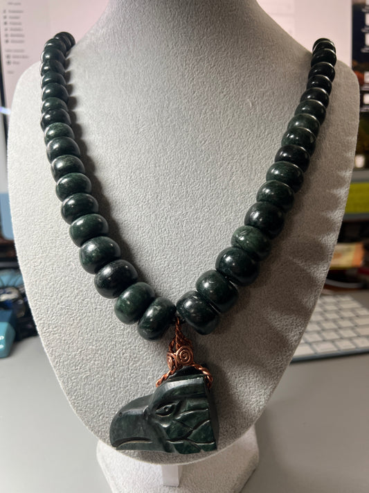 Mexican Eagle Jade Beaded Pendant Necklace, Aztec, Aguila, Handmade in Mexico, Authentic, Chunky and Thick, Indigenous, Mexica Tribe, #15