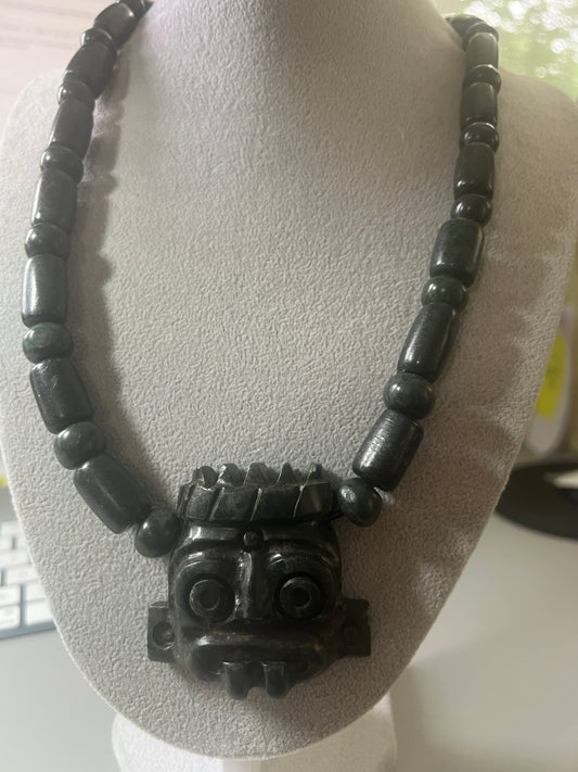 Jade Tlaloc Aztec Rain God Necklace Pendant Beads, Mexica, Indigenous, Azteca, Mexican (B-17)