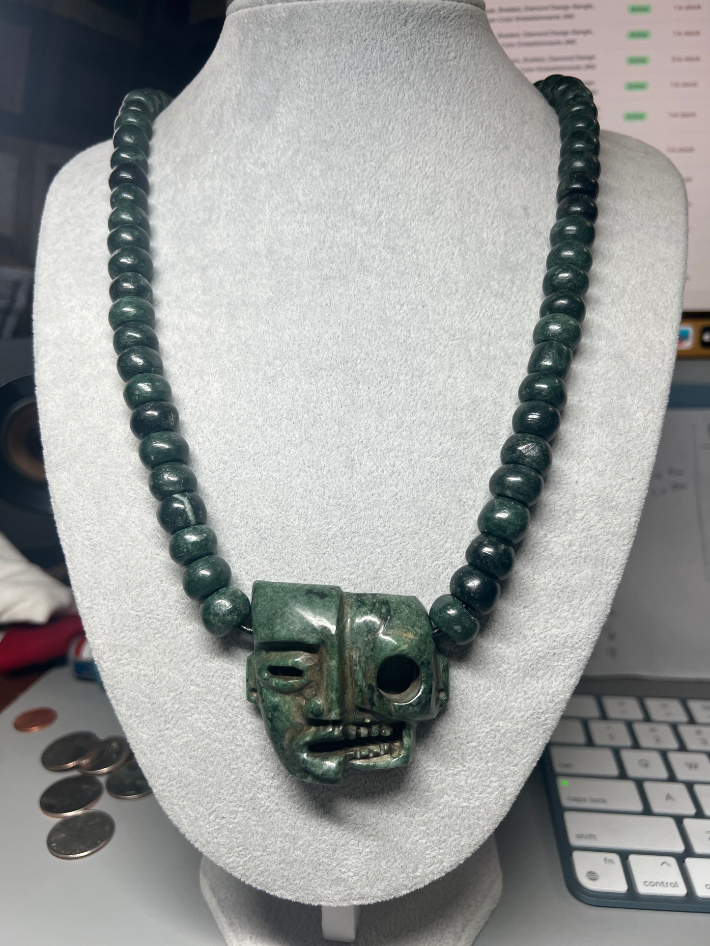 Life and Death Aztec Death Mask Necklace, Jade, Mother of Pearl, Green, 27" Adjustable Necklace, Mayan, Mexican (#13)