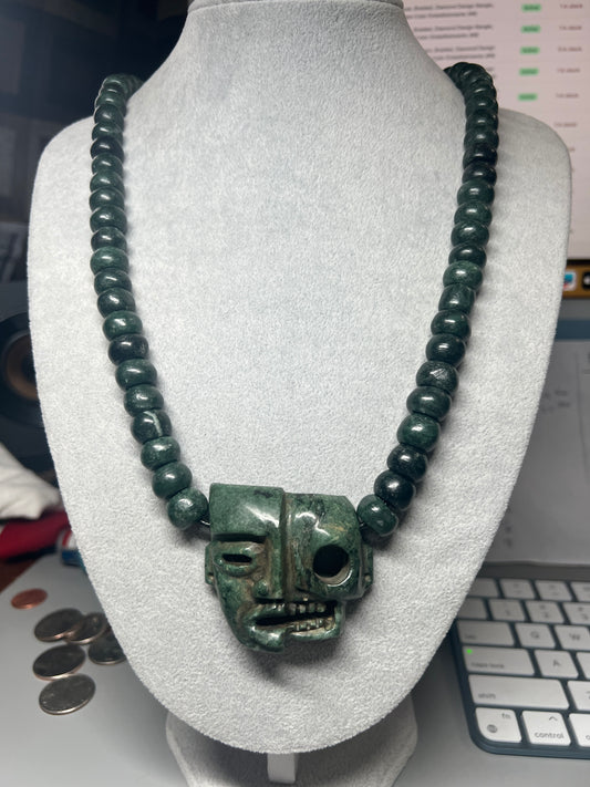 Life and Death Aztec Death Mask Necklace, Jade, Mother of Pearl, Green, 27" Adjustable Necklace, Mayan, Mexican (#13)