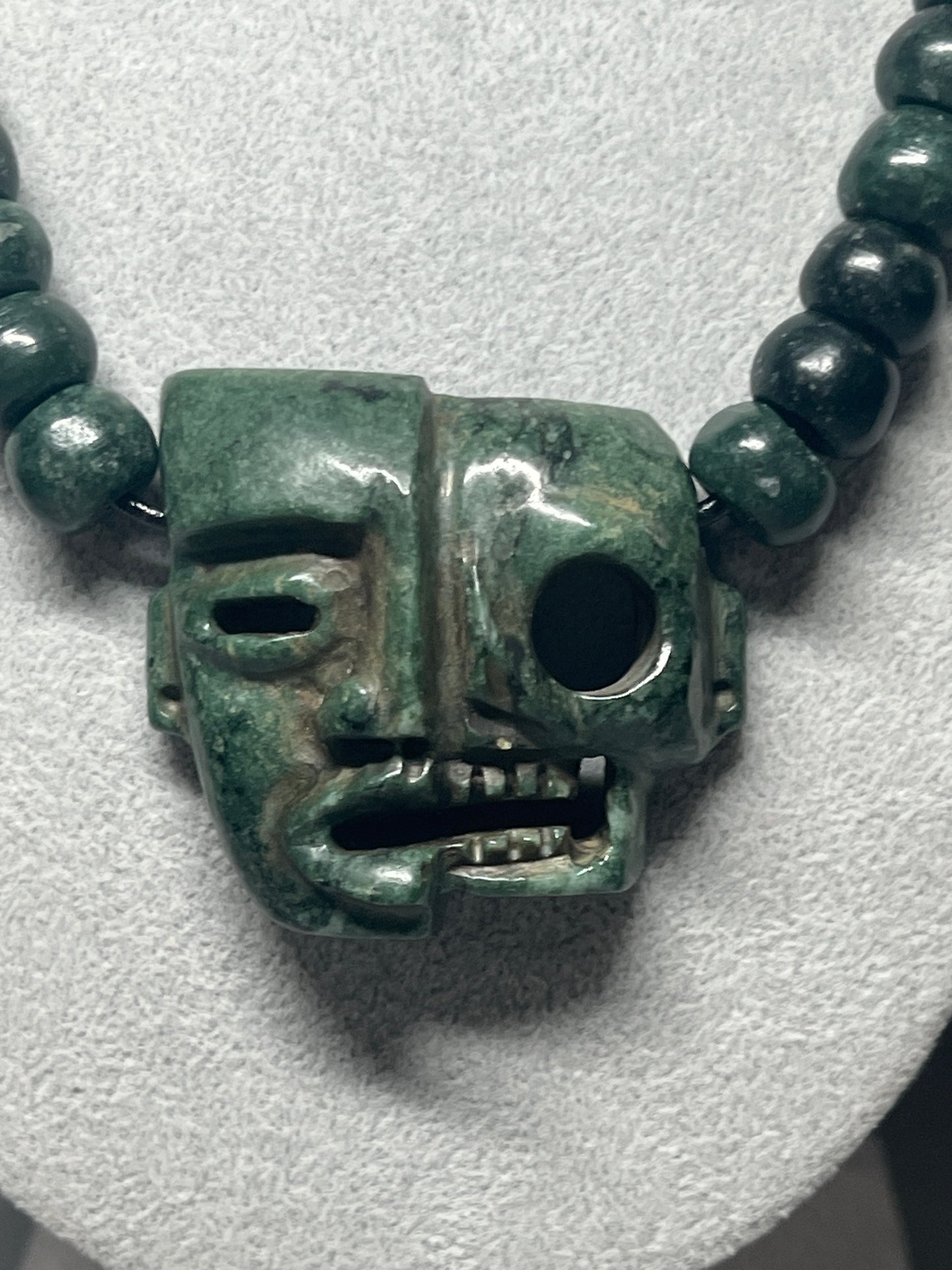 Life and Death Aztec Death Mask Necklace, Jade, Mother of Pearl, Green, 27" Adjustable Necklace, Mayan, Mexican (#13)