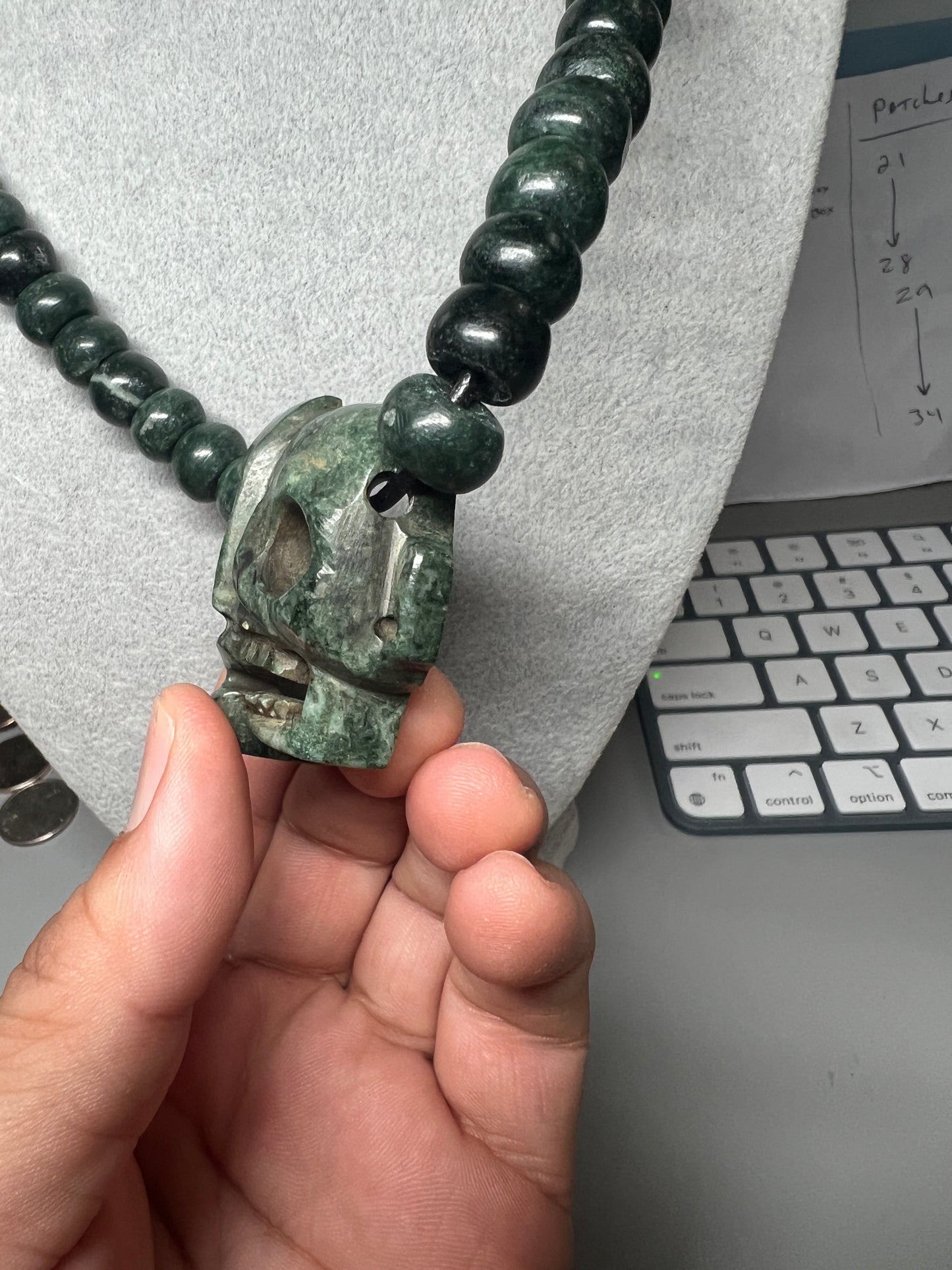 Life and Death Aztec Death Mask Necklace, Jade, Mother of Pearl, Green, 27" Adjustable Necklace, Mayan, Mexican (#13)