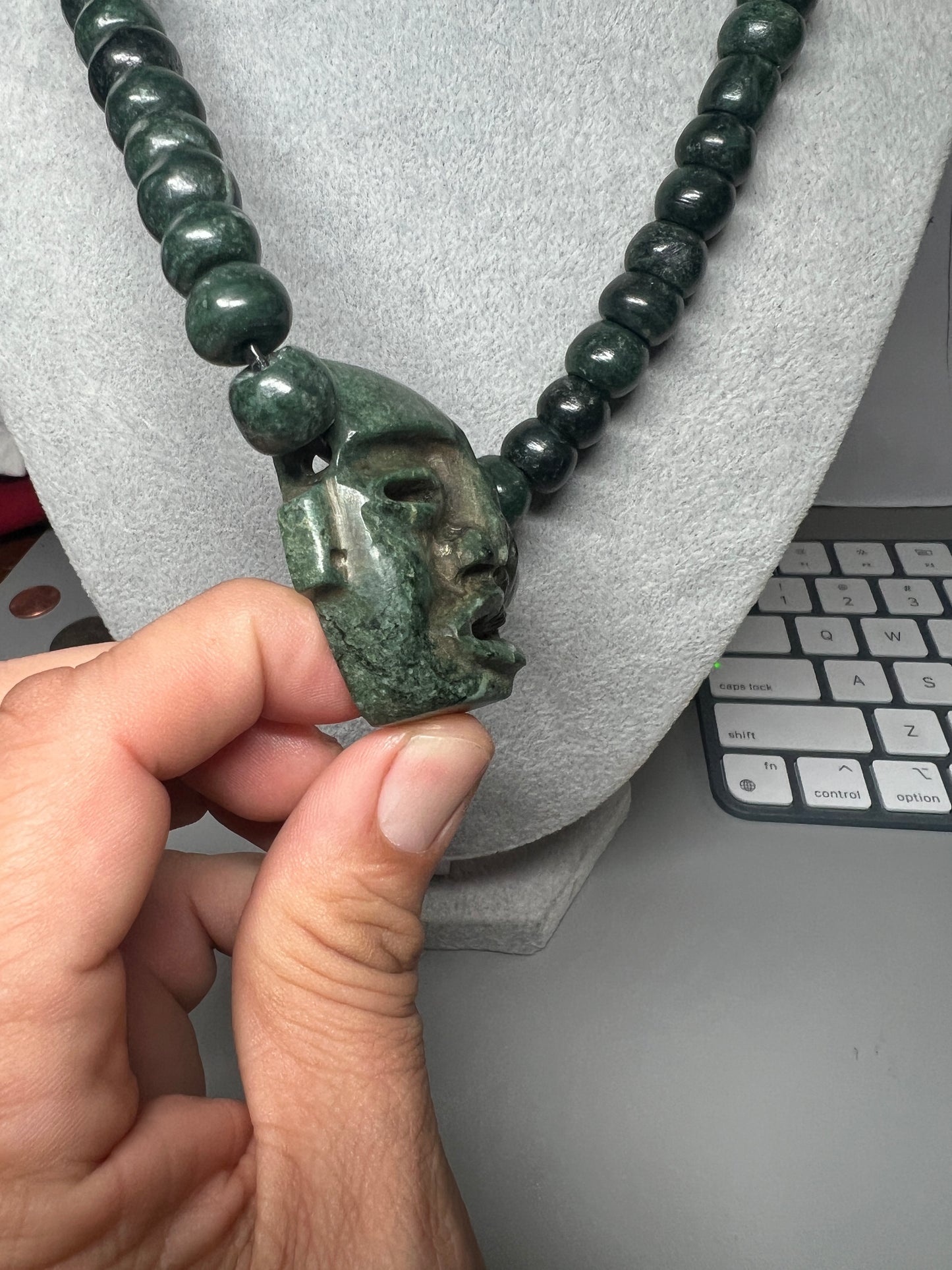 Life and Death Aztec Death Mask Necklace, Jade, Mother of Pearl, Green, 27" Adjustable Necklace, Mayan, Mexican (#13)