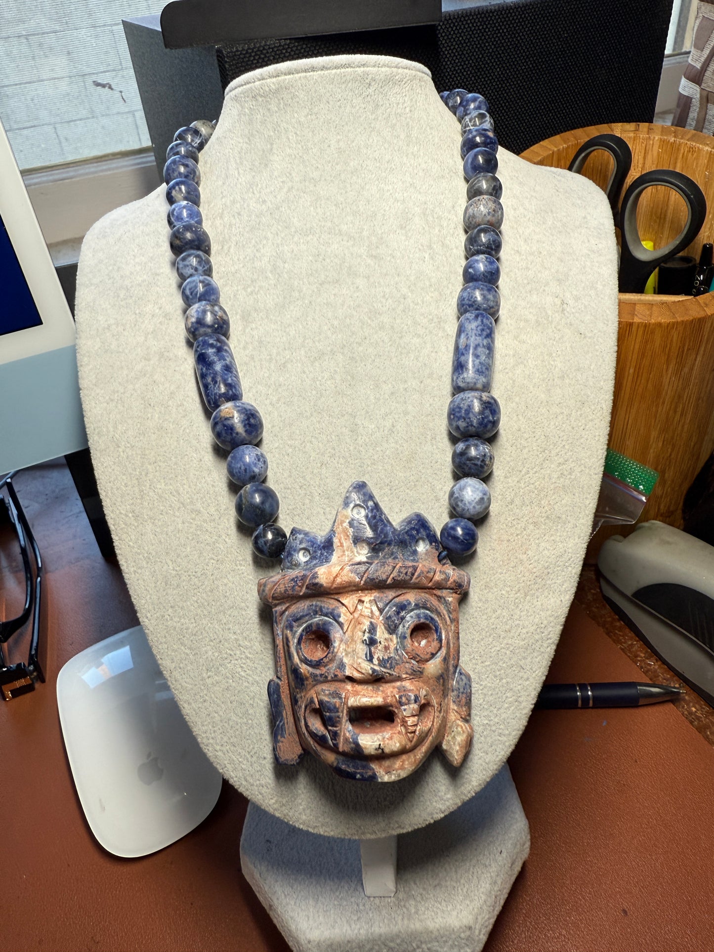 Blue Sodalite Tlaloc Pendant Necklace Mexican Aztec Mexico #H