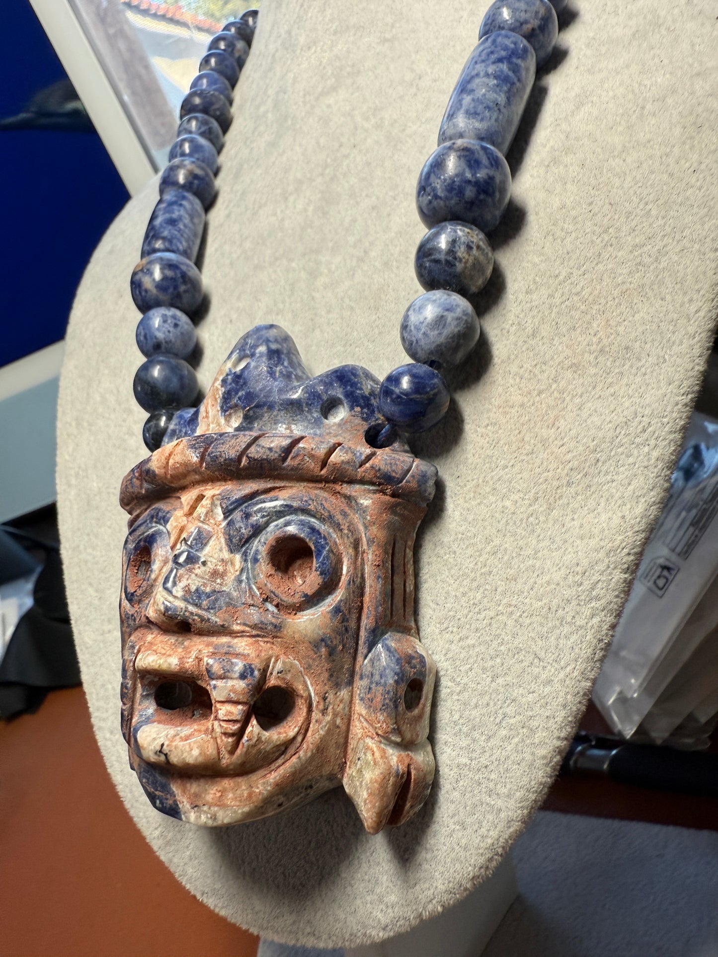 Blue Sodalite Tlaloc Pendant Necklace Mexican Aztec Mexico #H