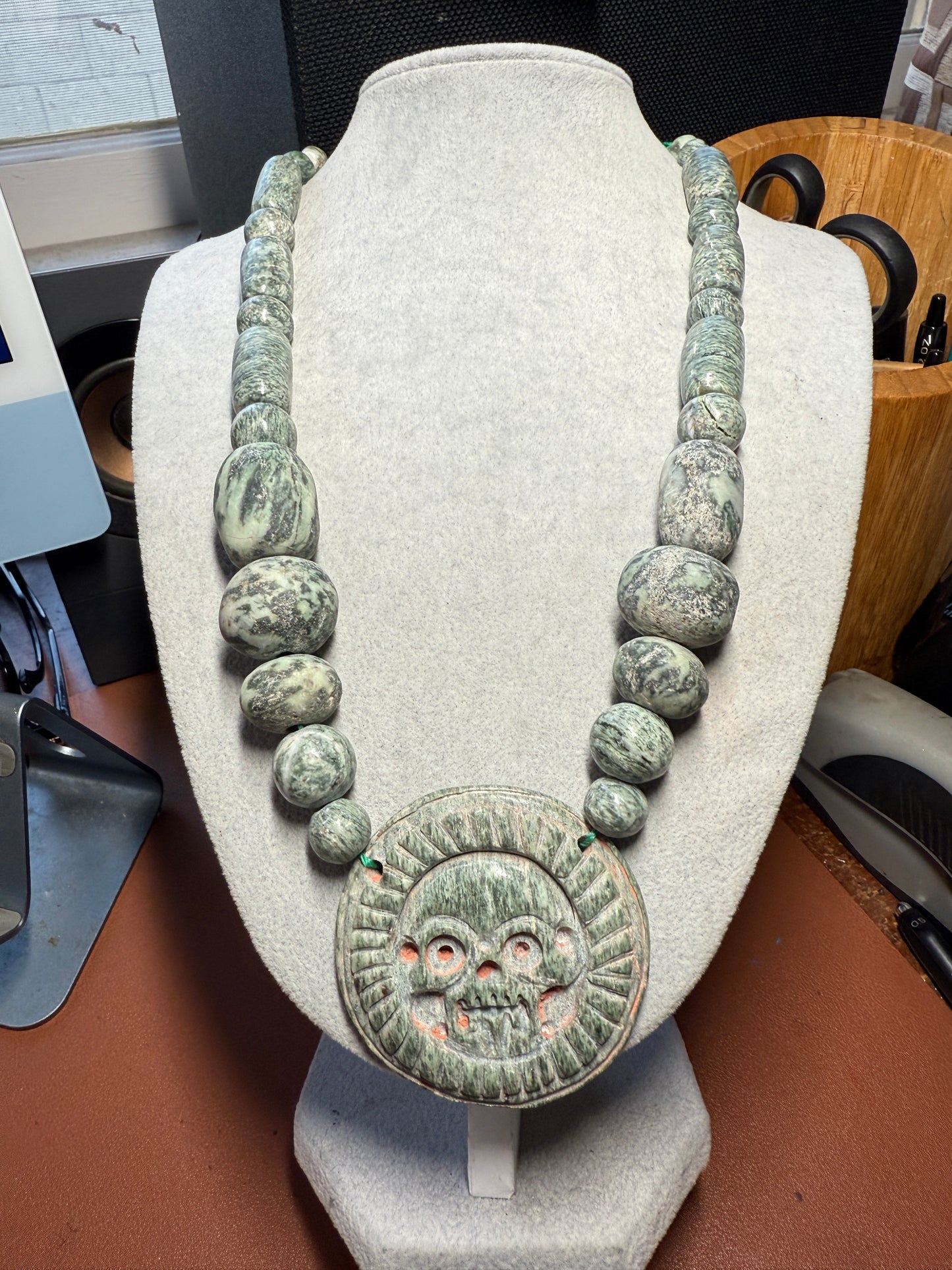 Granite Full Circle Piedra De Muerte Pendant Beaded Necklace, The Stone of Death, Mictlantecuhtli, Handmade, Mexico, Prehispanic Jewelry (#H)