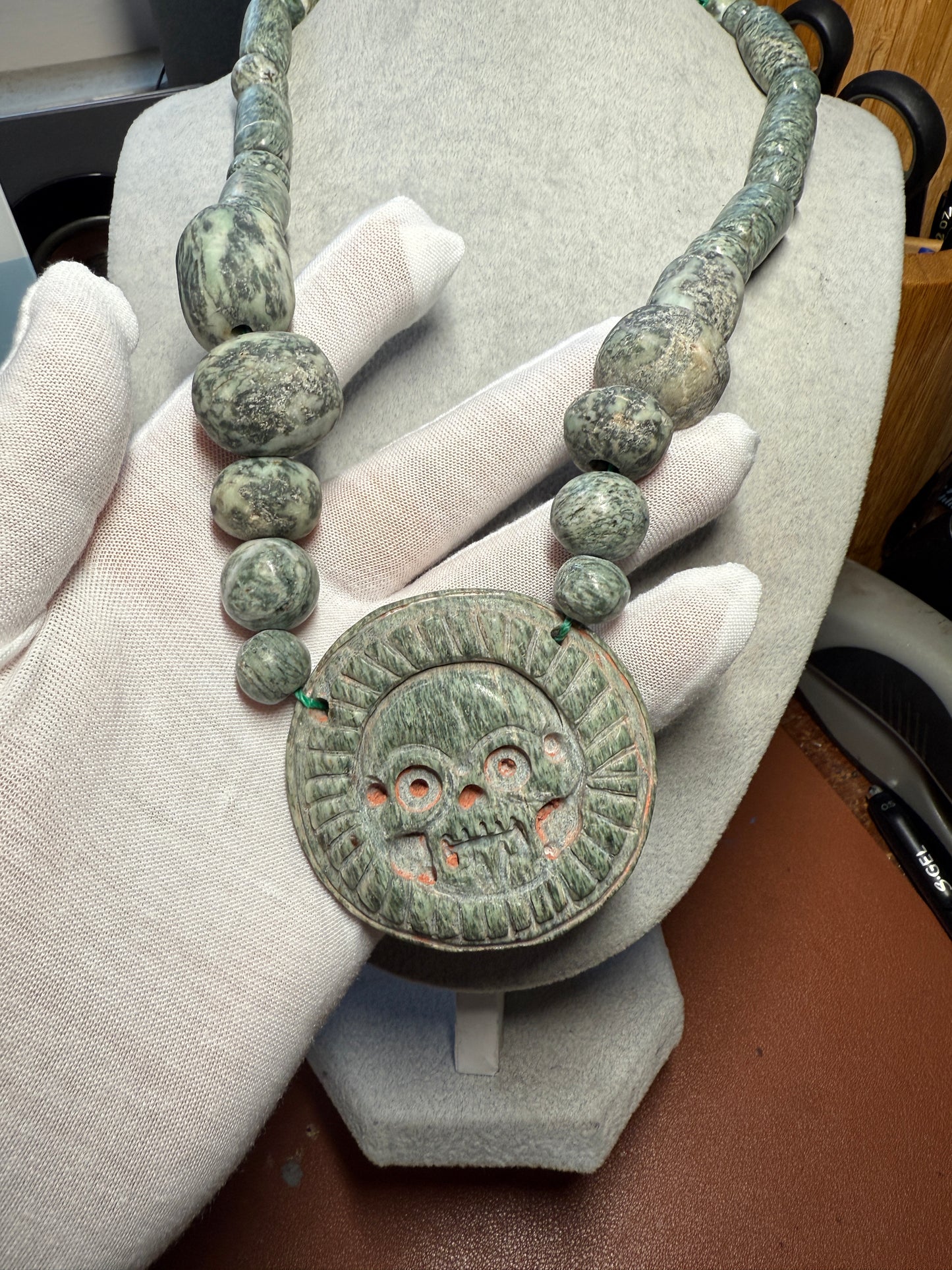 Granite Full Circle Piedra De Muerte Pendant Beaded Necklace, The Stone of Death, Mictlantecuhtli, Handmade, Mexico, Prehispanic Jewelry (#H)