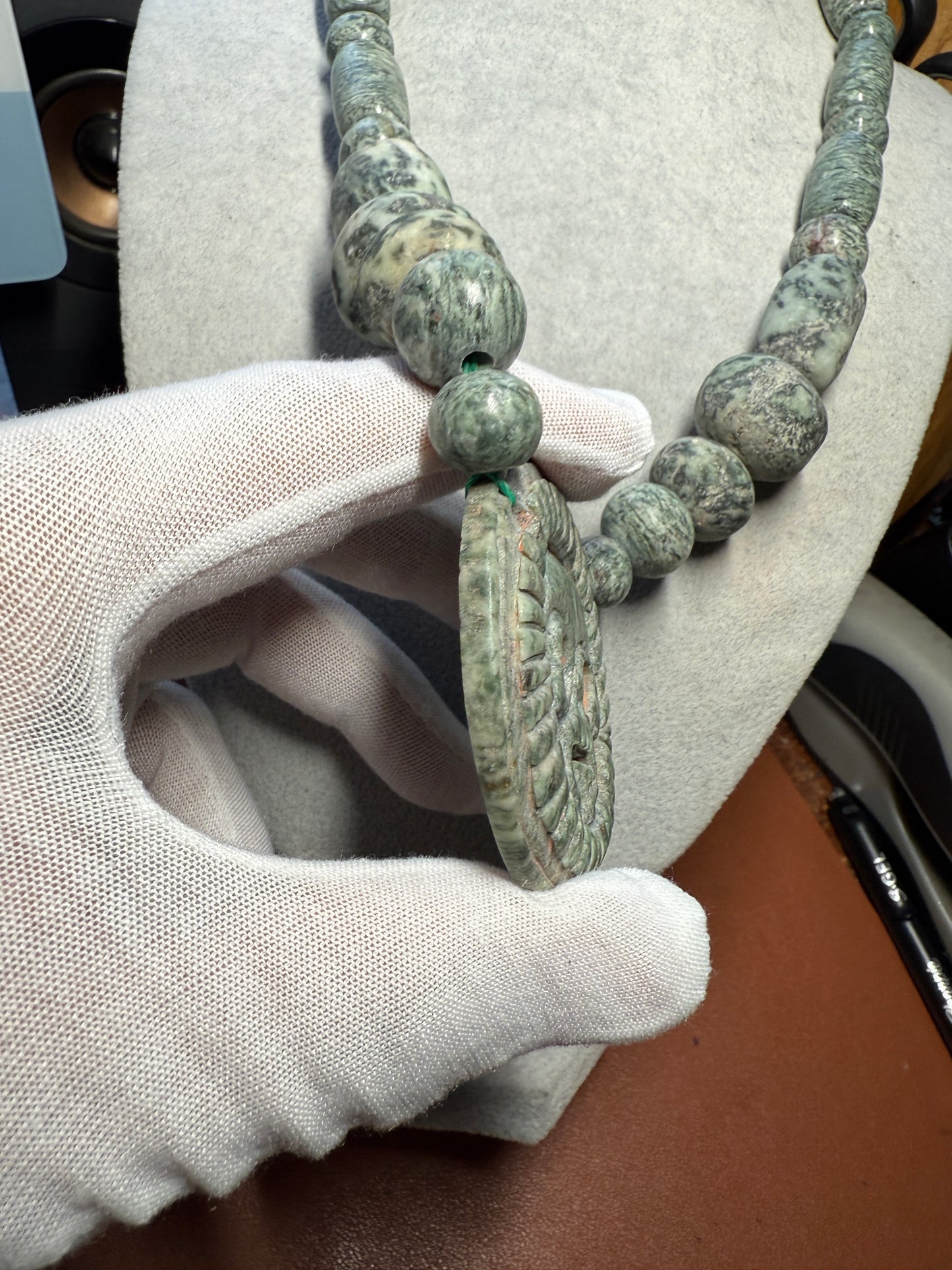 Granite Full Circle Piedra De Muerte Pendant Beaded Necklace, The Stone of Death, Mictlantecuhtli, Handmade, Mexico, Prehispanic Jewelry (#H)