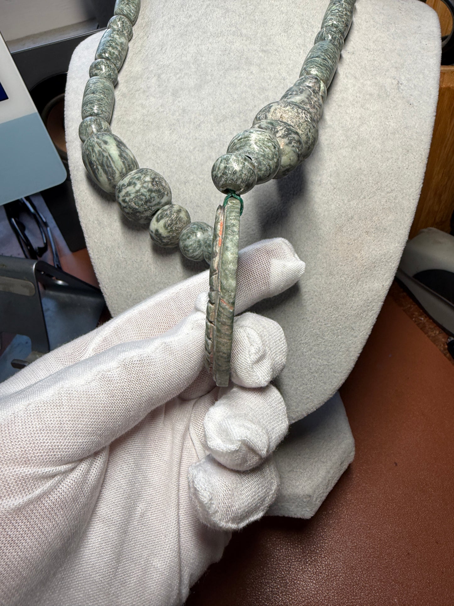 Granite Full Circle Piedra De Muerte Pendant Beaded Necklace, The Stone of Death, Mictlantecuhtli, Handmade, Mexico, Prehispanic Jewelry (#H)