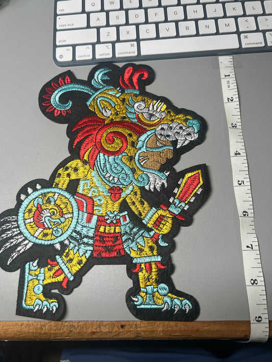 Aztec or Mayan Jaguar Warrior Patch, Large, 9", iron on patches, Mexica, Mexican, Mexico, embroidered (#21)