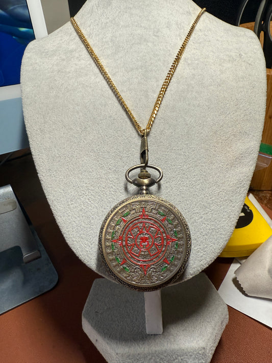Aztec Calendar Sun Stone Pocket Watch Necklace Calendario Azteca Bronze Quartz #6