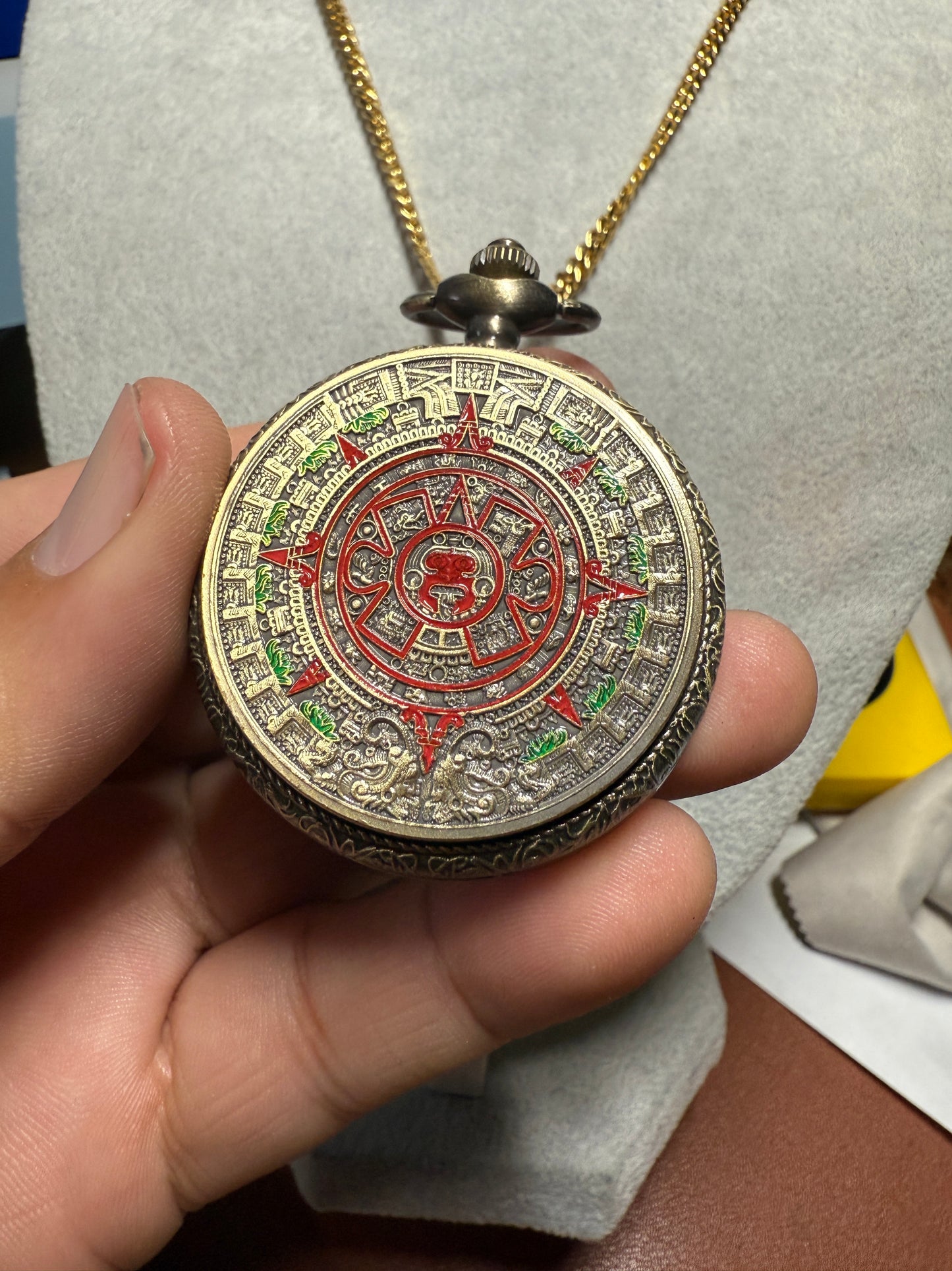 Aztec Calendar Sun Stone Pocket Watch Necklace Calendario Azteca Bronze Quartz #6
