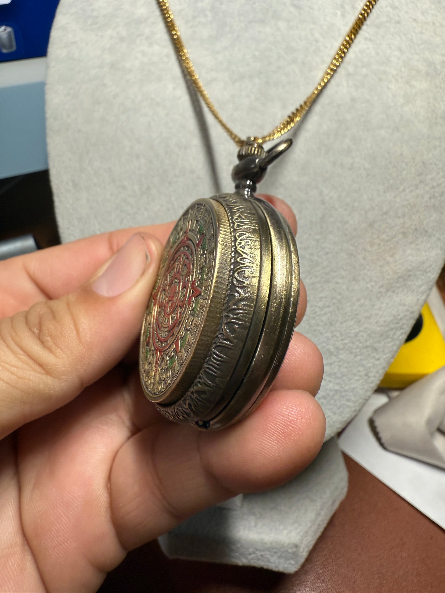 Aztec Calendar Sun Stone Pocket Watch Necklace Calendario Azteca Bronze Quartz #6