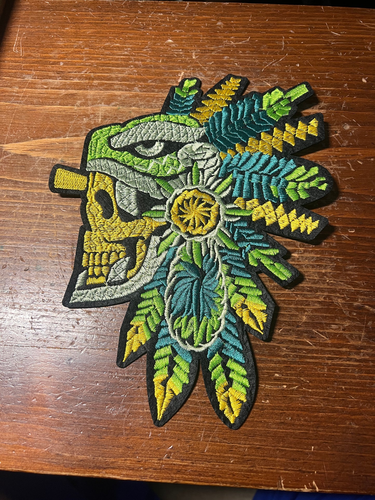 Aztec Mayan Feathered Serpent Dead Warrior Patch, Large, 9.5", Quetzalcoatl, Kukulkan, iron-on patches, embroidered (#23)